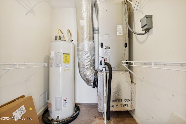 utility room with electric water heater and heating unit