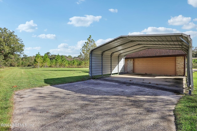 view of vehicle parking with a carport, a lawn, and a garage