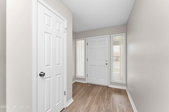 foyer with a wealth of natural light, a textured ceiling, and light wood-type flooring