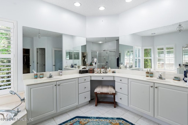 bathroom with vanity, a shower with shower door, and plenty of natural light