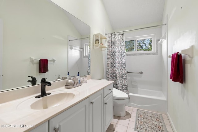 full bathroom featuring tile patterned floors, toilet, shower / tub combo, vaulted ceiling, and vanity