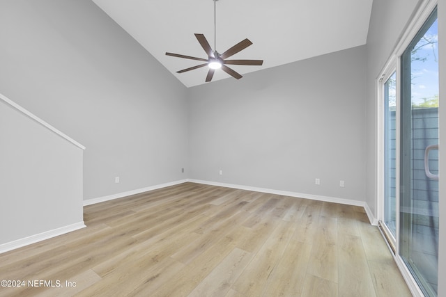 unfurnished room featuring high vaulted ceiling, ceiling fan, and light hardwood / wood-style flooring