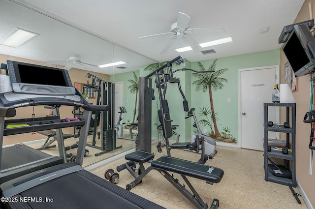 exercise room with ceiling fan