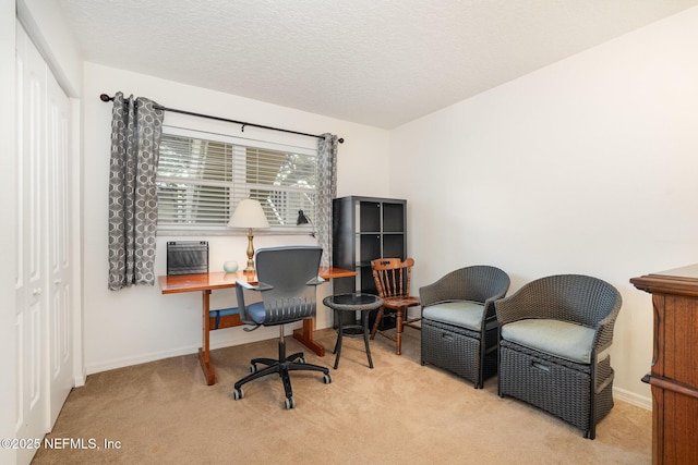 carpeted office space with a textured ceiling