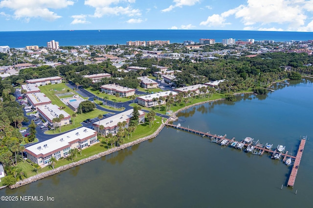 bird's eye view with a water view