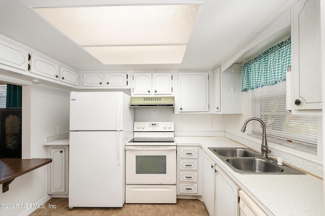 kitchen with sink, white cabinetry, and white appliances