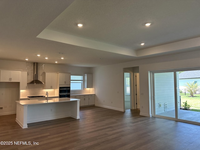 206 Holly Ridge Way, Saint Augustine, FL 32092 - kitchen with wall chimney range hood, a sink, stainless steel double oven, decorative backsplash, and recessed lighting