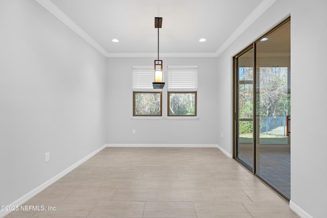 unfurnished dining area featuring light tile patterned floors and ornamental molding