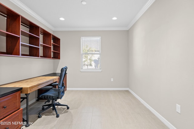 office space with light wood-type flooring and crown molding