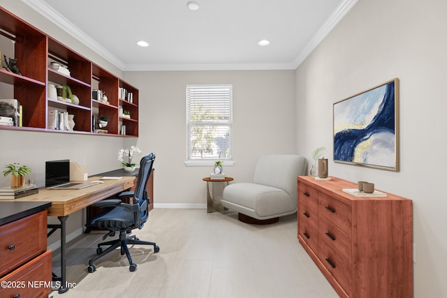 office space featuring crown molding and light hardwood / wood-style floors