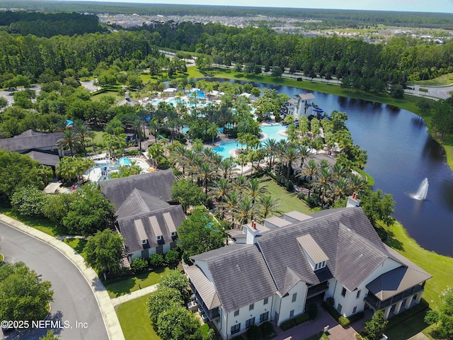 birds eye view of property featuring a water view