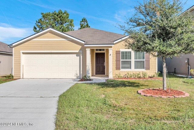 ranch-style home with a front lawn and a garage