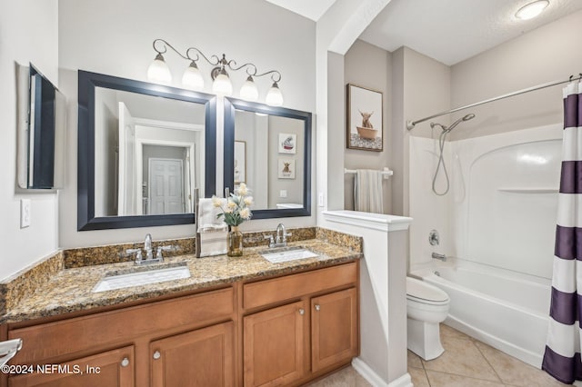 full bathroom featuring vanity, shower / bath combo, toilet, and tile patterned floors