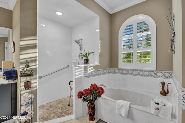 bathroom with ornamental molding, tile patterned floors, and separate shower and tub