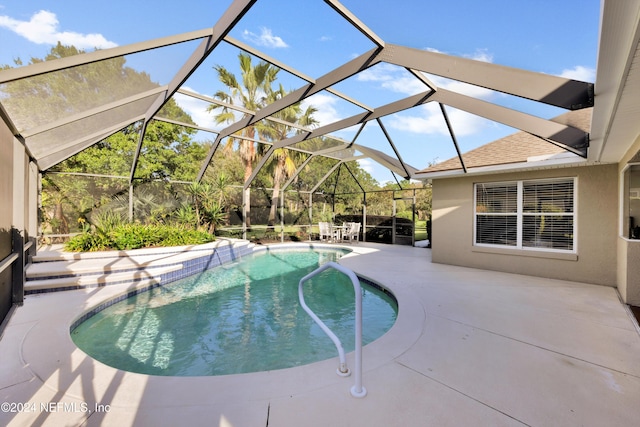 view of pool with a patio area and glass enclosure