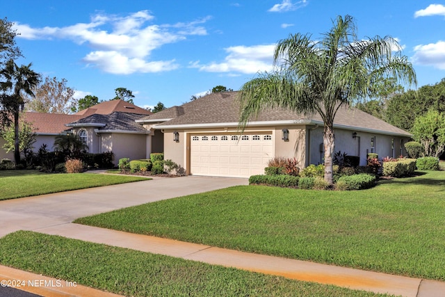 single story home featuring a garage and a front lawn