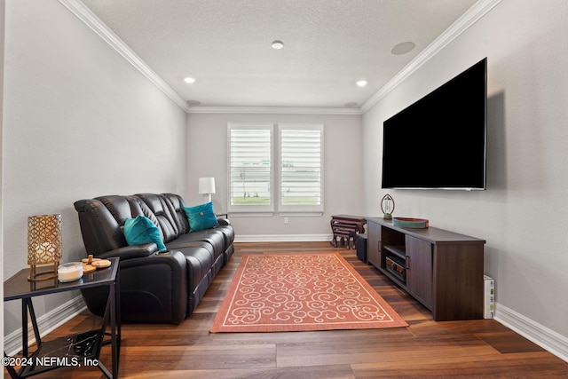 living room with ornamental molding, a textured ceiling, and dark hardwood / wood-style flooring