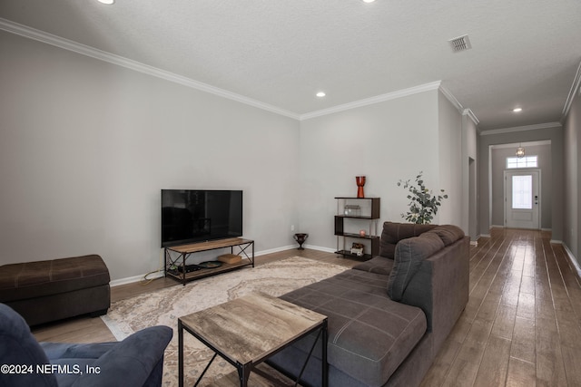 living room with ornamental molding, a textured ceiling, and wood-type flooring