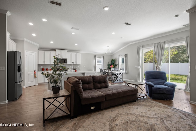 living room with sink, a textured ceiling, hardwood / wood-style floors, vaulted ceiling, and ornamental molding