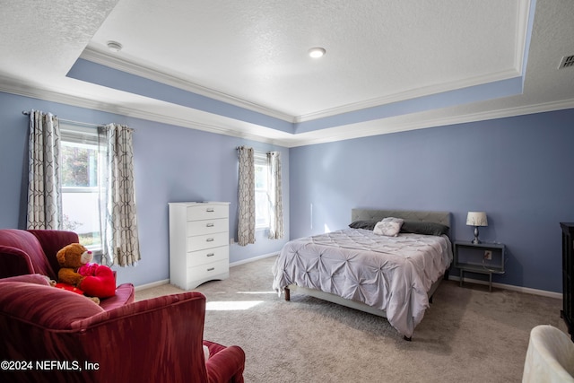 bedroom featuring multiple windows, light colored carpet, and a raised ceiling