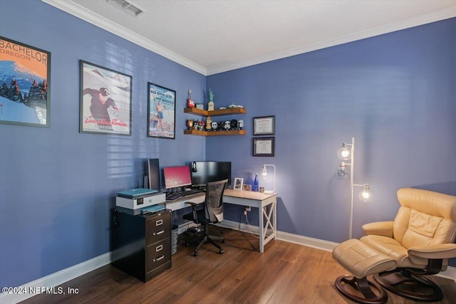 office featuring crown molding and dark hardwood / wood-style floors