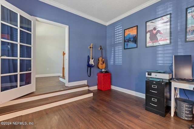 office area with ornamental molding, a textured ceiling, and dark hardwood / wood-style floors