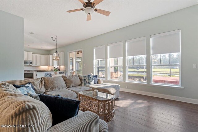 living room featuring ceiling fan and dark hardwood / wood-style flooring