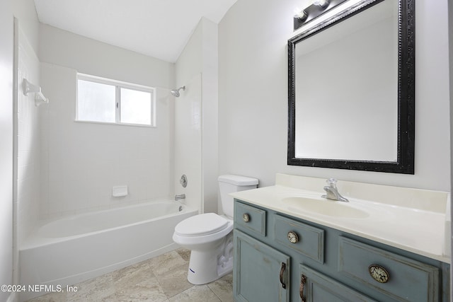 full bathroom featuring tile patterned floors, vanity, tiled shower / bath combo, and toilet