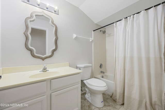 full bathroom with lofted ceiling, toilet, a textured ceiling, vanity, and shower / tub combo