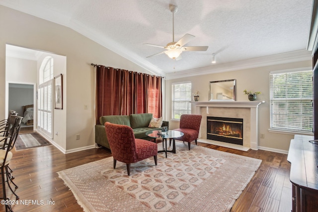 living room with lofted ceiling, plenty of natural light, and dark hardwood / wood-style flooring