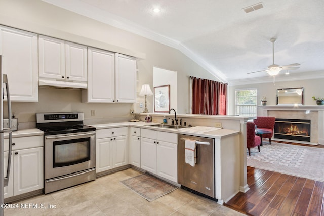 kitchen with kitchen peninsula, lofted ceiling, light hardwood / wood-style flooring, sink, and stainless steel appliances