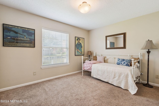 bedroom with carpet and a textured ceiling