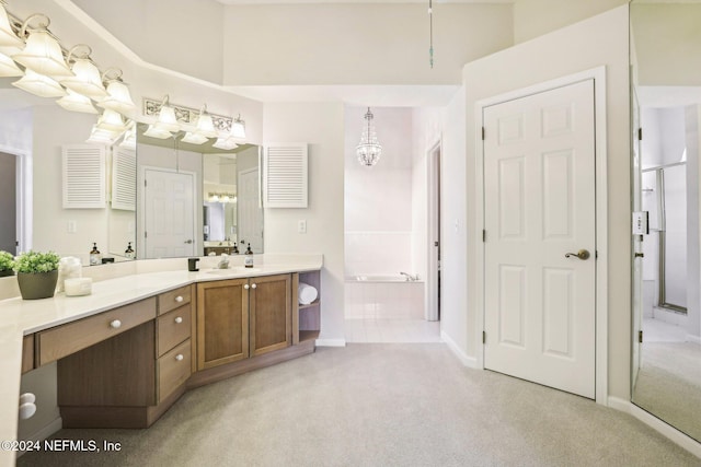 bathroom featuring vanity and a shower with door