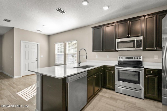 kitchen featuring kitchen peninsula, stainless steel appliances, sink, a textured ceiling, and light hardwood / wood-style floors