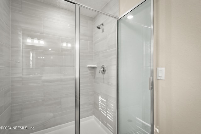 bathroom with a shower with shower door