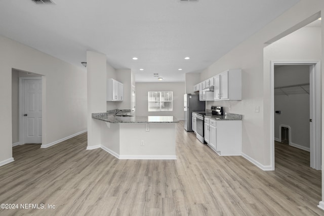 kitchen with kitchen peninsula, white cabinetry, stone counters, light hardwood / wood-style floors, and stainless steel appliances