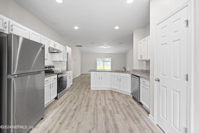 kitchen featuring kitchen peninsula, appliances with stainless steel finishes, white cabinetry, light hardwood / wood-style floors, and sink