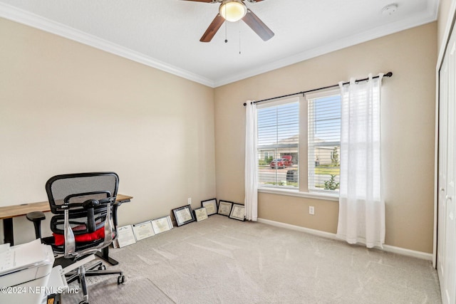 office area featuring crown molding, light colored carpet, and ceiling fan