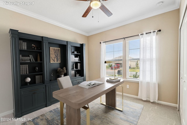 office area featuring crown molding, carpet floors, and ceiling fan