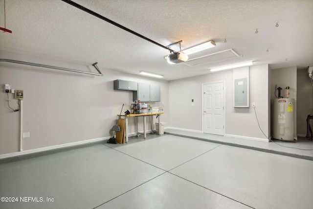 garage with a garage door opener, electric panel, and water heater