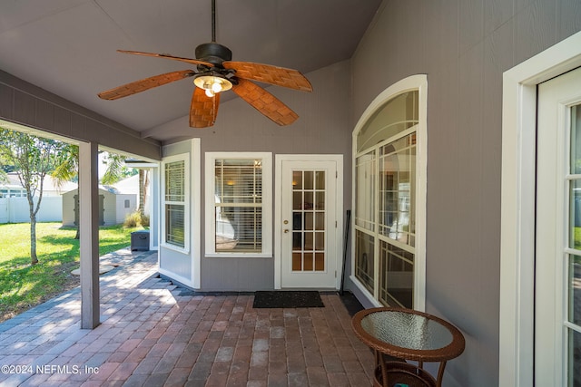 view of patio featuring ceiling fan