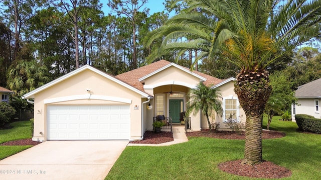 ranch-style home featuring a front lawn and a garage