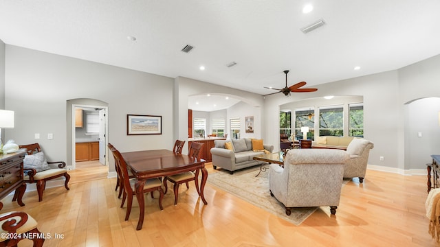 living room with light hardwood / wood-style flooring, a healthy amount of sunlight, and vaulted ceiling