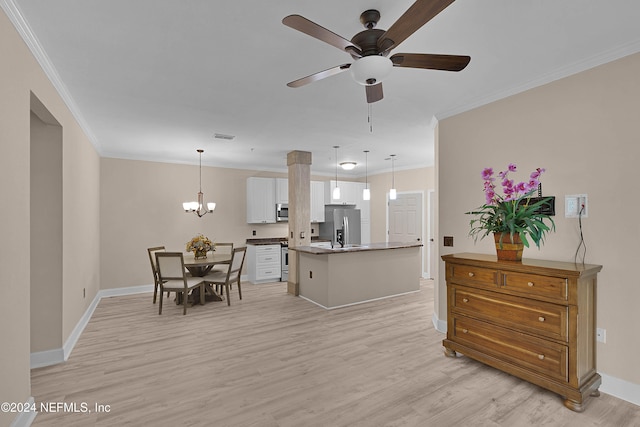 interior space featuring crown molding, ceiling fan with notable chandelier, and light wood-type flooring