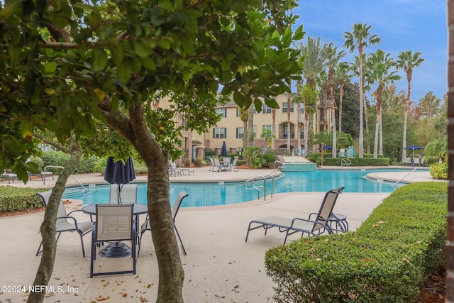 view of swimming pool featuring a patio area