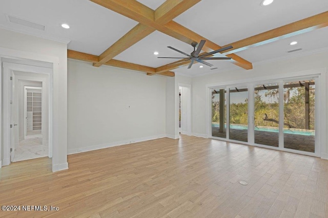 unfurnished living room with light wood-type flooring, ceiling fan, coffered ceiling, beam ceiling, and ornamental molding