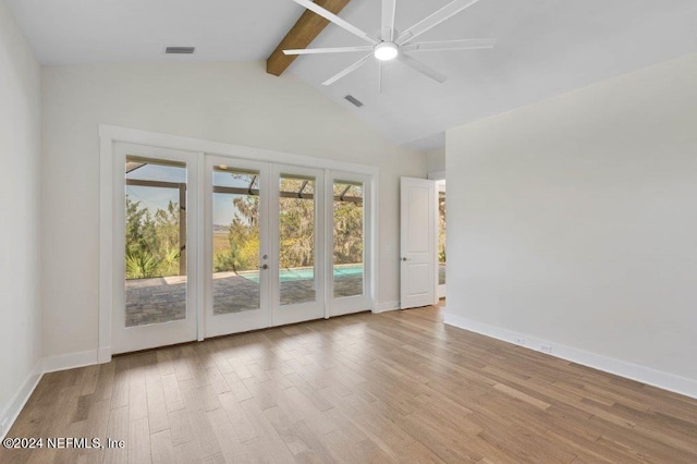 unfurnished room with beam ceiling, ceiling fan, high vaulted ceiling, light hardwood / wood-style flooring, and french doors