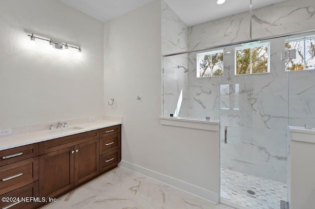 96613 Bay View Dr, Fernandina Beach, FL 32034 - full bathroom with a marble finish shower, baseboards, vanity, and marble finish floors