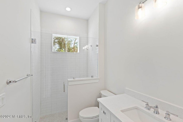 bathroom featuring toilet, walk in shower, and vanity