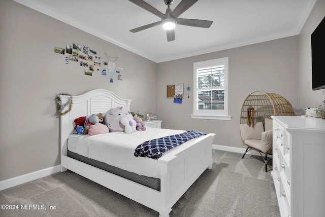 bedroom with ornamental molding, light carpet, and ceiling fan